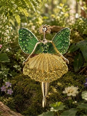 Sparkly Green & Gold Fairy Brooch Moving Legs Convertible Necklace